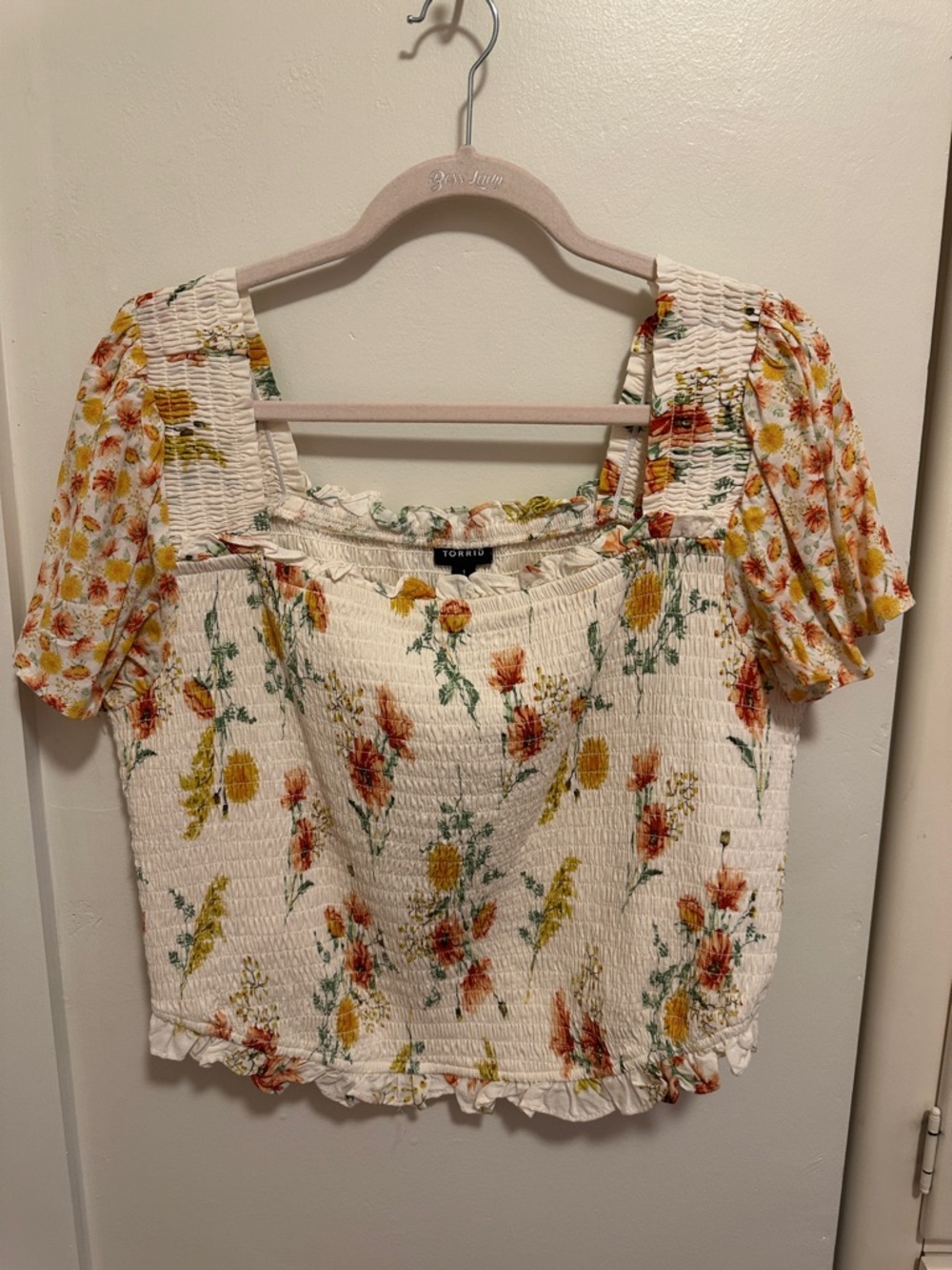 Torrid Smocked Flutter Short Sleeve Crop Top in Warm Sunset Floral